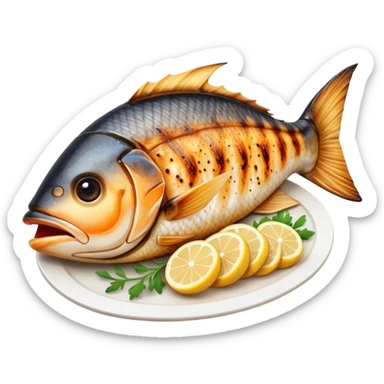 Cinematic Realistic Gradele (Grilled Fish) Dish Emoji, depicted as perfectly grilled fish with a smoky, charred finish rendered with lifelike detail and appetizing, natural lighting. sticker