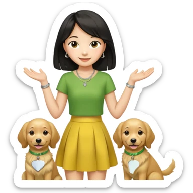 The upper body of a fair-skinned Asian girl. Wearing a yellow-green round-neck skirt, a thin silver necklace, medium-length hair, long black and straight hairstyle, slightly curly hair, smiling, holding a golden retriever, and five fingers on both hands. sticker
