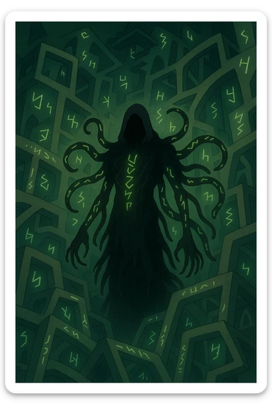 Make this eldritch horror even more disturbing: add impossible geometry, more glowing runes, twisted limbs, unnatural proportions, and a haunting aura. Horror style, deeply unsettling. sticker