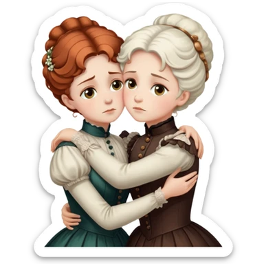 Two Victorian women with light eyes in a sad intimate hug, one with white coiffed hair and one with copper coiffed hair, wearing Victorian high-neck dresses, embracing tightly sticker