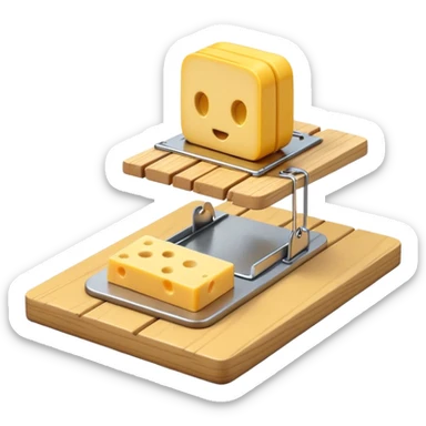 A 3D emoji in iOS emoji aesthetic style of a small mousetrap on a wooden base with a tiny gray mouse approaching a small piece of yellow cheese on it, minimal white background, bright lighting, clean and glossy Apple-style design sticker