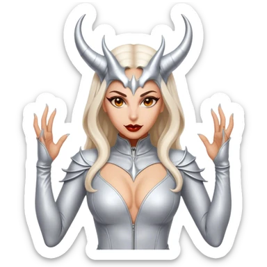 visually stunning image of an extremely detailed devil woman in a skin tight suit of light colored leather and intricate silver devil horns sticker