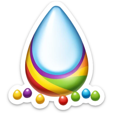 Minimal design of a Skittles package shaped like a teardrop with rainbow stripes and a few green round candies beside it. sticker