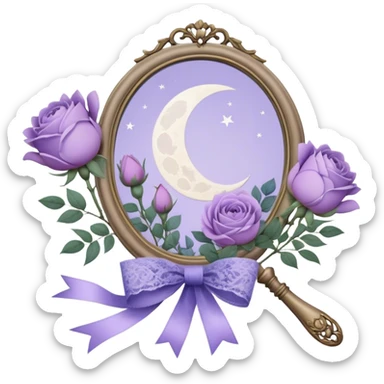 Under the soft light of a vintage brass lantern, a small bundle of lilac roses, indigo peonies, and delicate lavender sprigs is tied with a lace ribbon in a muted violet hue. Above, the sky is scattered with tiny silver stars, reflecting gently in the antique hand mirror with a moon-shaped handle beside the bouquet. sticker