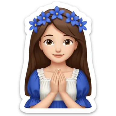 Generate a girl with her eyes closed and smiling and Boht her hands under the chin, palms facing upwards. She should be wearing a white dress with cobalt blue flowers on the dress and puffed sleeves. She has ling straight hair. Only her face and chest is visible. sticker