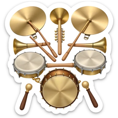 Create a heraldic, festive, and professional emblem-like emoji representing percussion instruments. The design should resemble a traditional crest, featuring a range of percussion instruments like cymbals, triangle, tambourine, maracas, timpani, and other traditional and folk percussion instruments. Arrange them symmetrically, with elements like cymbals crossing each other, a triangle at the center, and timpani or drums flanking the sides. The instruments should be depicted with metallic and wooden tones—shiny brass for cymbals, silver for the triangle, and rich wood or polished bronze for drums. Include ornate details like engraved patterns on the instruments, decorative swirls or laurels, and subtle accents to add elegance and festivity to the composition. The overall design should be cohesive, balanced, and visually striking, suitable for use as a prestigious emblem. The background should be transparent. sticker