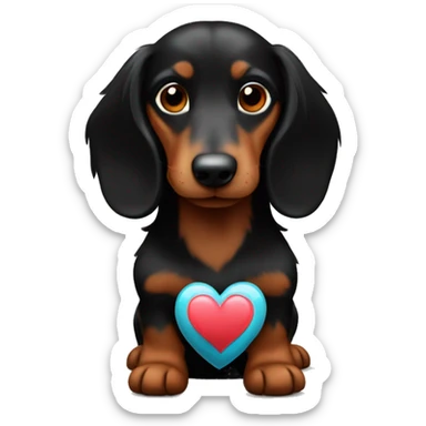 black and brown long haired daschund hugging a heart sticker