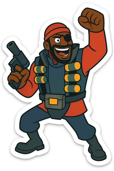 Demoman from Team Fortress 2, wearing his signature eyepatch and explosives vest, stylized as a vibrant cartoon character, energetic pose sticker