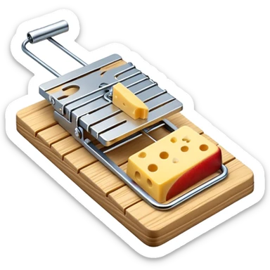 A 3D emoji in iOS emoji aesthetic style of a classic mousetrap with a wooden base and a metal spring mechanism, holding a small piece of yellow cheese, clean and detailed design, white background, glossy Apple-style rendering sticker