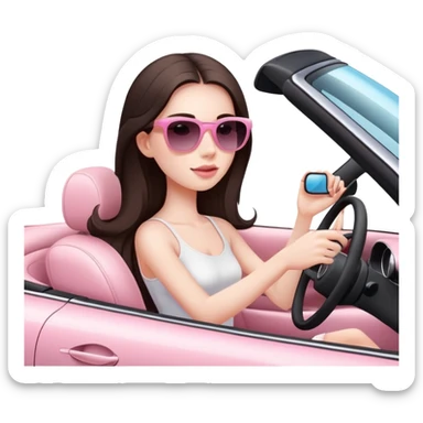 Pretty girl with very long dark brown hair and pale skin wearing sunglasses driving convertible car with light pink interior. She is wearing a white top. In the style of apple emoji sticker