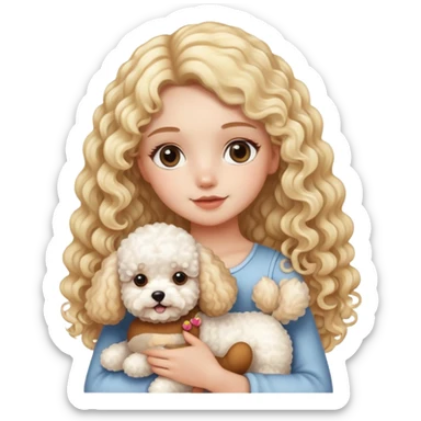 A girl with long blond curly hair holding a bichon frise and a teddy dog sticker