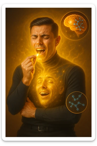 "Man taking simple sugar tablet believing it's powerful medicine, golden healing light emanating from pill as it dissolves, his chronic pain visibly dissolving as relief spreads across his face, expression transforming from suffering to amazement, brain chemistry changing through pure belief, microscopic view showing endorphins releasing purely from expectation, body healing itself through mind's conviction" sticker