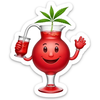Kool-Aid Man pitcher character with legs and arms holding a bong with a cannabis leaf sticker