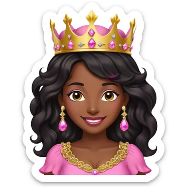 Crown dark black women smiling with really longer lightly WAVY hair pink dress pink crown facing forward black hair middle age adult woman gold gems in crown gold earrings  one woman smiling wink head only sticker