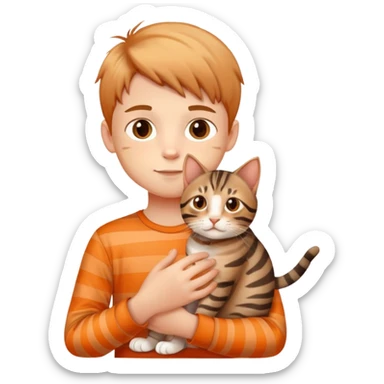 A young boy holding a cute tabby cat with orange and brown stripes sticker