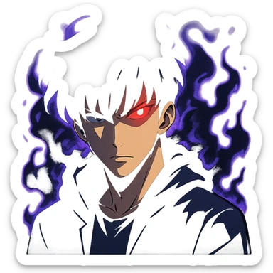 Sung Jin-Woo from Solo Leveling, intense determined expression, dark shadowy aura, glowing red eye, subtle animation with eye glowing and aura pulsing, modern sharp anime style, bold colors, clean lines, slightly futuristic, optimized for chat emoji sticker