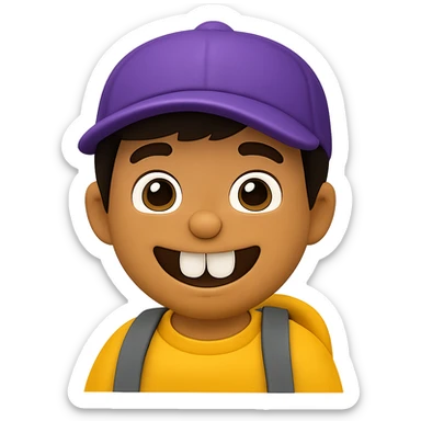 Edit the image of a schoolboy with big front teeth in the style of Apple emojis. Change the cap color to purple. Keep the rest of the features consistent with the original Apple emoji style. No background, transparent background. sticker