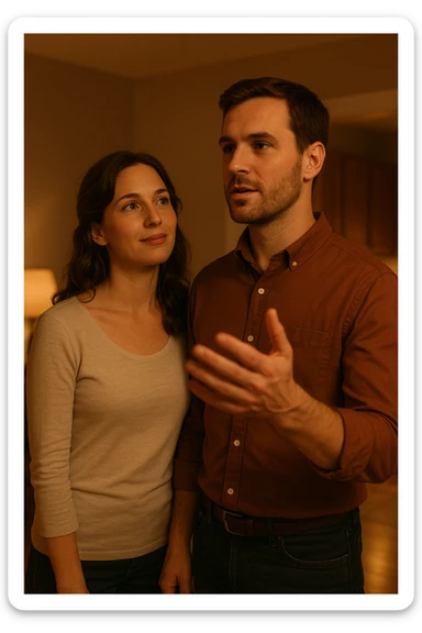 a woman stands slightly behind a man in a domestic setting, looking at him con fiducia e attesa. Il man is upright, with a confident and decisive posture, gently gesturing as if giving direction. The woman’s body language is relaxed and receptive, showing that she trusts and follows his lead. The background is warm and softly lit, emphasizing the couple’s dynamic. sticker