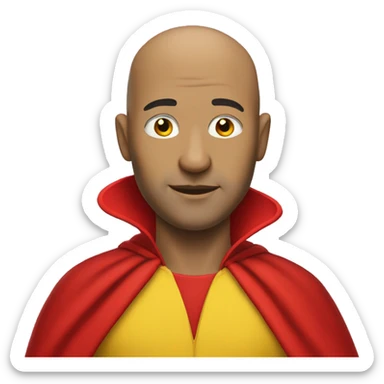 Bald man with yellow jumpsuit with red gloves and red cape sticker