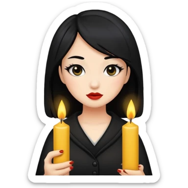 A gurl with black hair make up holding a candle sticker