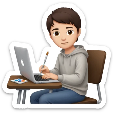 boy working in Macbook, he is graphic designer and paint artist, he seat front side and hair dark brown color sticker