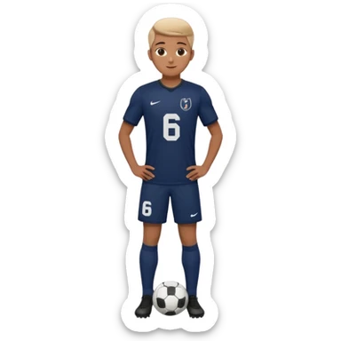 Apple emoji style 21 year old soccer player standing hands on waist, dark navy jersey #6, realistic lighting sticker