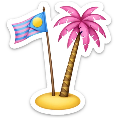 A pink flag on the sides two small blue triangles In the middle a pink palm tree coming out of the sides  yellow circle with two thick yellow stripes sticker