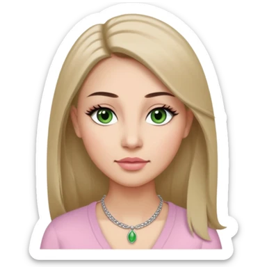 ,Adult woman avatar, light skin tone, oval face, long straight ash-brown hair, green almond-shaped eyes with dramatic eyelashes and minimal eyeliner, neutral mouth, medium straight eyebrows, small nose, natural pink lips, smooth skin with light natural blush sticker