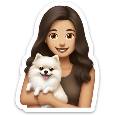 White and beige Pomeranian in the hands of a white young woman with dark brown hair smiling and cuddling the dog  sticker