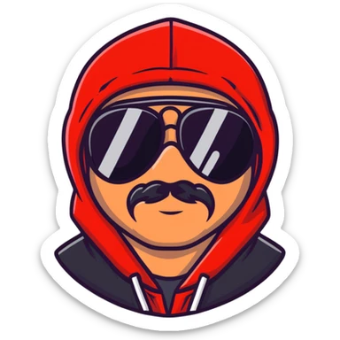 middle-aged man with minor hair growth on upper lip, black aviator sunglasses, red hoodie with hood covering head sticker