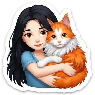 A girl with long black  hair tightly hugged a Maine coon sticker