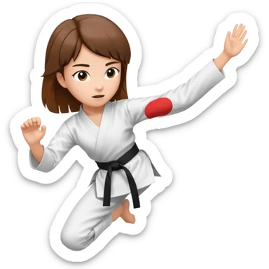 Ragazza castana che pratica karate, ha la cintura nera ed io tradizionale kimono bianco del karate, tira un calcio laterale oppure un pugno oppure è in posizione di guardia sticker