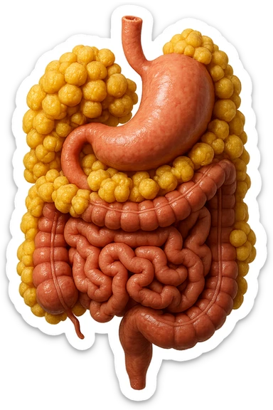 STOMACO E INTESTINO SONO VERTICALMENTE COLLEGATI E INTORNO A QUESTI ORGANI CI SONO CELLULE DI GRASSO GIALLE ATTACCATE SOPRA A GRAPPOLI, IPERREALISTICO 4K sticker