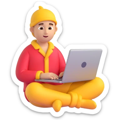 man with pajamas sitting and working on a laptop, emoji style sticker