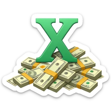 cash pile, make bills rectangular, next to a "10x" factor, looking like 10x CASH PILE, the number 10 and letter x, precede the cash pile sticker