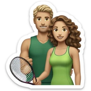 A couple playing tennis. The man is white with straight light brown hair and green eyes. The woman is lighter tan (Latina) with curly dark brown hair and light brown eyes. sticker