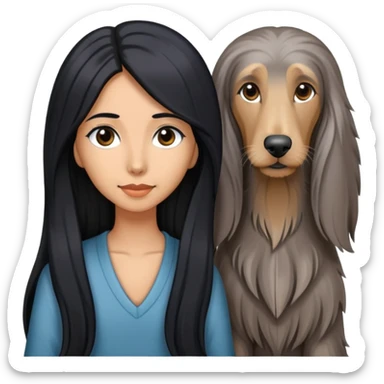 A girl with long black hair walks a gray Afghan hound sticker