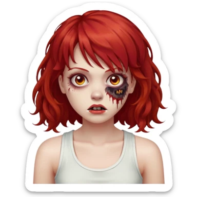 Uma menina de cabelo vermelho com franja, que seja uma zombie, e que esteja vestindo uma regata branca, cabelo médio e liso mais enrolado nas pontas  sticker