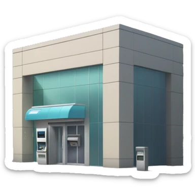 Small bank building with a modern design, glass entrance, and an ATM outside. The scene is set on a quiet street with a few parked cars nearby. sticker