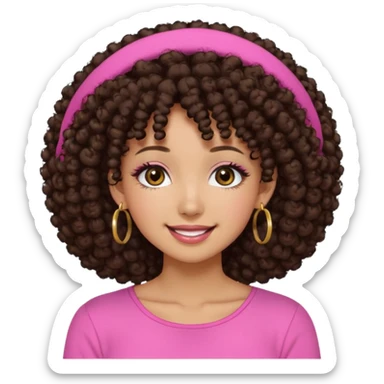 Naturally tan skin girl short darkBrown curly afropink shirt very long lashes hoop gold earrings Brown eyes gyaru smiling closed mouth cute non perfect circular a sticker
