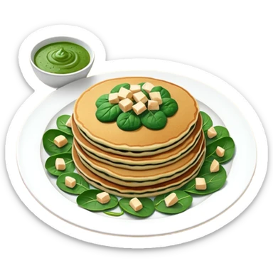 Pancake with cashew, tofu and onion stuffing served with spinach sauce, almond flakes, chives + salad with dressing sticker