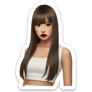 pretty girl with back length hair with curtain bangs styled like Lalisa Style hair during Rockstar MV, brown eyes, red lips, dark chocolate brown hair, hoop earrings sticker