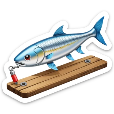A metal lure set arranged on a wooden plank sticker