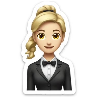 a caucasian female butler with a professional and elegant demeanor. She has her hair neatly tied in a ponytail and wears a classic butler uniform, including a tailored vest, crisp white shirt, and bow tie. sticker