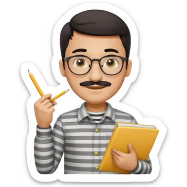 young Pakistani male shopkeeper, short dark hair, round eyeglasses, thick black mustache, smiling, light grey striped collar shirt, holding a small handwritten slip in one hand, yellow pencil behind ear, cartoonish, clean, rounded, expressive, no background, Apple emoji style sticker