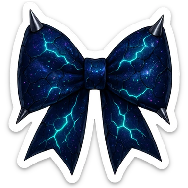 Remove the chains but keep the metallic spikes on the gothic bow with fractured deep blue glass, iridescent holographic stardust, neon lightning bolts, and a wet, shiny finish. Keep the background transparent. The style should reflect a gothic bow with detailed metallic spikes and a wet shiny finish, emphasizing fractured deep blue glass, iridescent holographic stardust, and neon lightning bolt effects. sticker
