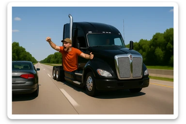 Zoom the scene out even farther, showing more of the road and landscape, with the black Kenworth W680 semi truck featuring a chrome stack, an angry bald driver wearing an orange shirt and baseball cap with his arm out the window, following a car. The scene should remain bright and vibrant. sticker