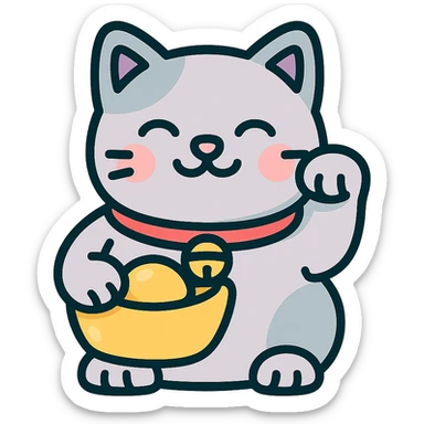 cute chubby maneki-neko cat with raised left paw holding a Chinese gold ingot (yuanbao), thin clean outlines, soft rounded shapes, pastel palette #98B5BC, #B5B3C1, #C9A3C9, #E4C0CA, #F7DCD1, #F7C0AA, modern Japanese pop art and sticker aesthetic, detailed shadows and highlights, soft lighting, transparent background sticker