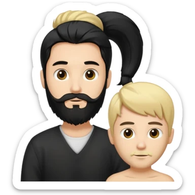 Man with long black hair tied in a tail and beard with a young blond short-haired without a beard sticker