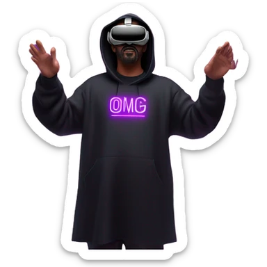Big Lebowski wearing a black hoodie with "OMG" letters on it and VR headset oculus quest 2 in a cyberpunk VR environment with violet neon lighting. sticker